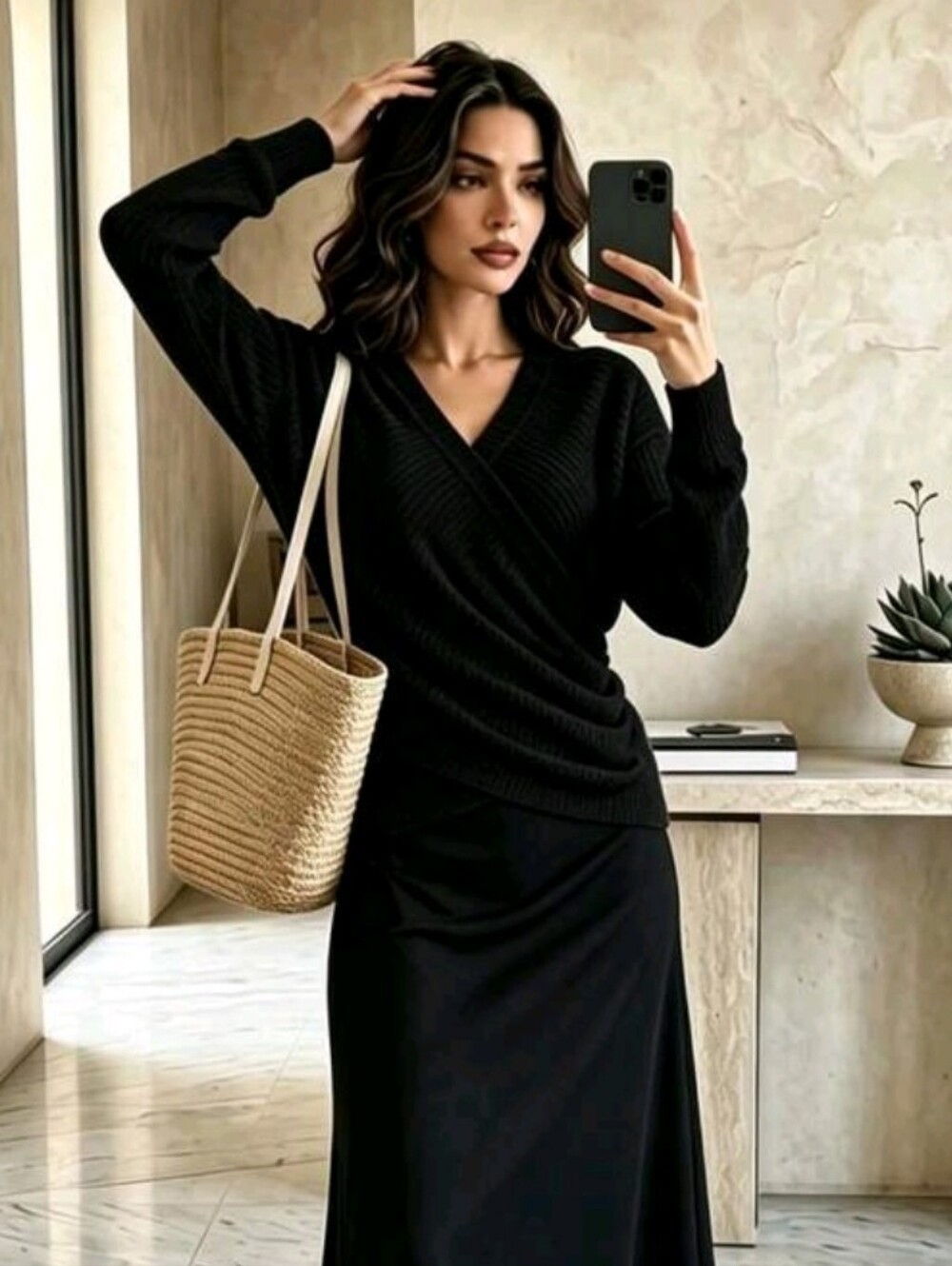 BRAND NEW ** Classic Black Wrap-Effect Long Sleeve Lightweight Sweater